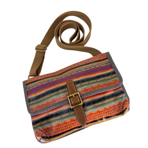 Fossil Womens Multicolor Striped Canvas Shoulder Bag With Adjustable Strap & Buc - Picture 1 of 11